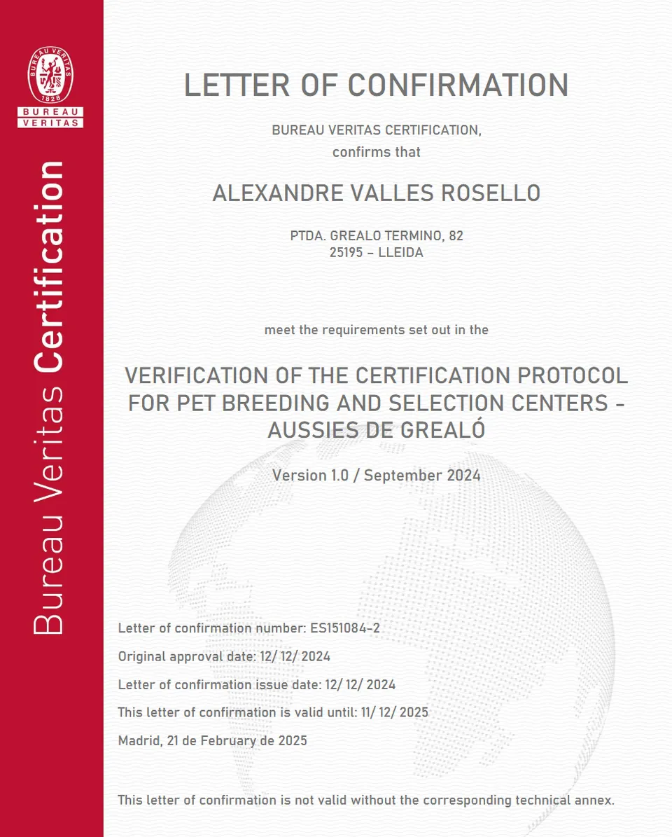 Carta de conformidad de Bureau Veritas para Aussies de Grealó